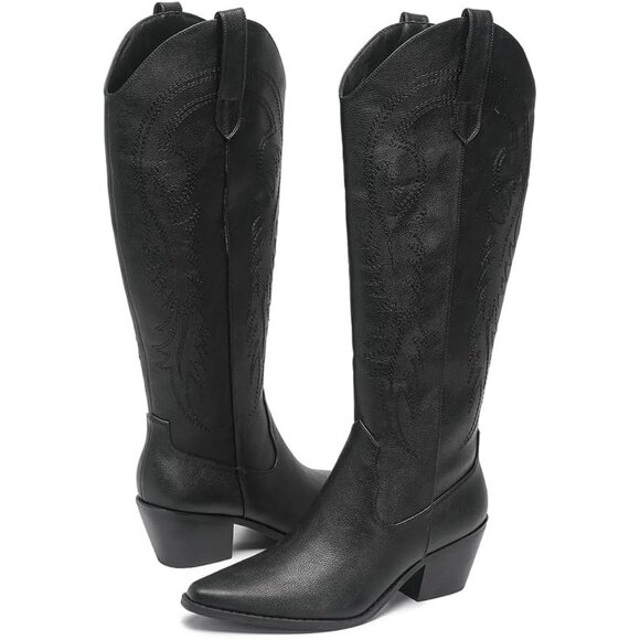 Women's Black Cowboy Boots Pointed Toe Cowgirl Knee High Boot With Zipper - Picture 2 of 7